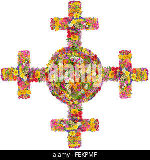 Ancienne solaire celtique archaïque nordiques de la croix-concept. Collage fait main isolés à partir de l'été fleurs éclatantes. Vous y trouverez toutes les fu Banque D'Images