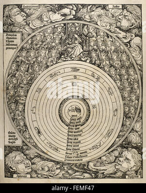 L'univers avec les planètes, les signes du zodiaque et la hiérarchie céleste tous. La gravure. 16e siècle. Banque D'Images