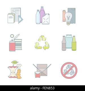 Couleur contours vectoriels infographie divers groupes de déchets icons set pour la collecte séparée et le recyclage des déchets Illustration de Vecteur