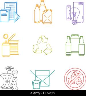 Aperçu des groupes de couleur vectorielle infographie divers icônes des déchets fixés pour la collecte séparée et le recyclage des déchets Illustration de Vecteur