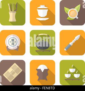 La cérémonie du thé chinois coloré vecteur icônes d'équipement d'outils de collecte de feuilles de thé Puer gaiwan cup cake stand théière électrique kni Illustration de Vecteur