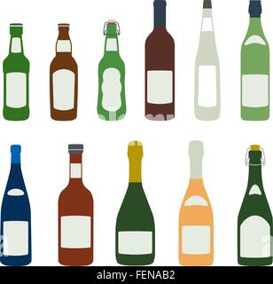 Modèle plat, couleurs solides, des bouteilles d'alcool icons set Illustration de Vecteur