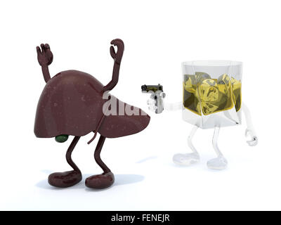 Bouteille de whisky avec les bras armés de fusil pour le foie humain, 3d illustration Banque D'Images
