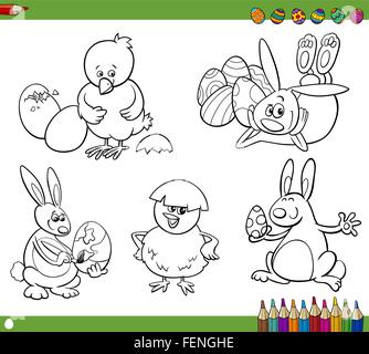 Joyeuses Pâques Thèmes Collection Série de dessin animé en noir et blanc Illustrations avec Lapins et poulets avec des oeufs pour colorer Boo Illustration de Vecteur