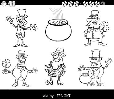 Cartoon noir et blanc Illustration de caractères Leprechaun et Saint Patrick Day Livre à colorier Jeu de thèmes Illustration de Vecteur