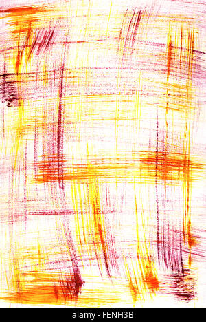 Traces de pinceau sec abstrait de peinture rouge et jaune sur papier blanc Banque D'Images