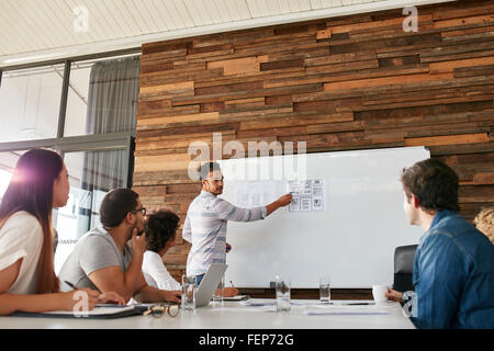 Portrait of young businessman giving presentation de collègues. Jeune homme montrant nouvelle app design layout sur tableau blanc à cowor Banque D'Images