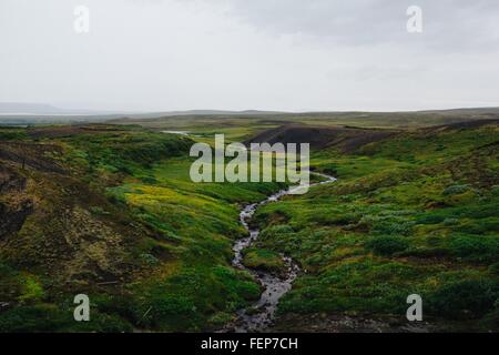 High angle view of river serpente à travers les champs verts luxuriants, l'Islande Banque D'Images
