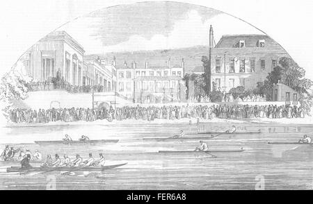 RICHMOND-upon-Thames l'aviron, en face de l'hôtel Château de 1851. Illustrated London News Banque D'Images