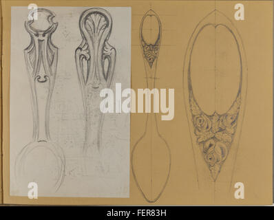 Une série de croquis de cuillère du carnet de croquis de Johann Friedl, illustrant l'habileté de l'artiste à capturer des objets simples et quotidiens à travers des dessins complexes. Banque D'Images