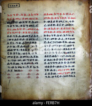 Page 005 tirée d'un livre de prières éthiopien, avec écriture copte. Le manuscrit représente les traditions religieuses et culturelles de la communauté chrétienne éthiopienne, avec des dessins complexes et des prières en Ge'ez. Banque D'Images