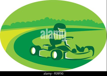 Illustration d'un homme dans un jeu de course de karting à l'intérieur de la forme ovale avec arbres et courses en arrière-plan fait en style rétro. Illustration de Vecteur