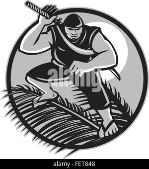 Illustration d'un ninja Samoan avec épée samouraï debout sur la noix de coco de porter des chaussons avec pleine lune en arrière-plan défini à l'intérieur du cercle fait en style rétro. Illustration de Vecteur