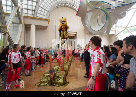 Singapour. 9e février 2016. Les spectacles de danse du lion dans le hall de l'Hôtel Ritz Carlton Hotel Singapore devant des invités à donner des bénédictions et la prospérité dans le cadre de l'Année lunaire chinoise Crédit : célébrations amer ghazzal/Alamy Live News Banque D'Images