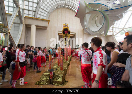 Singapour. 9e février 2016. Les spectacles de danse du lion dans le hall de l'Hôtel Ritz Carlton Hotel Singapore devant des invités à donner des bénédictions et la prospérité dans le cadre de l'Année lunaire chinoise Crédit : célébrations amer ghazzal/Alamy Live News Banque D'Images