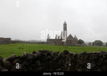 Kilmacduagh (Cill Mhic Dhuach) une tour ronde en Co. Banque D'Images