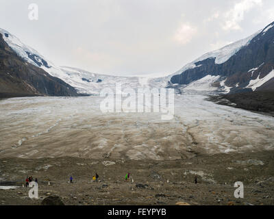 Les touristes profiter d'une vue d'Athabasca glacer le long de la promenade des Glaciers, Jasper National Park, Alberta, Canada, sur l'image Banque D'Images