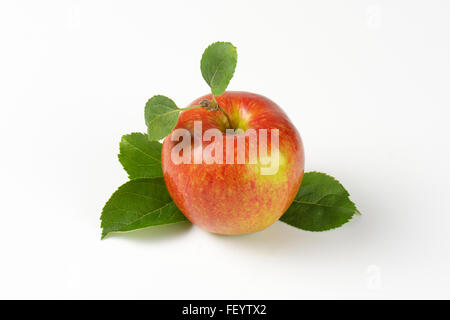 Close up of red apple avec des feuilles sur fond blanc Banque D'Images