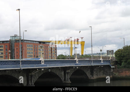 Vue sur la rivière Lagan à Queen's Bridge Belfast avec les grues de Harland & Wolff (l'ancien chantier naval) dans l'arrière-plan Banque D'Images