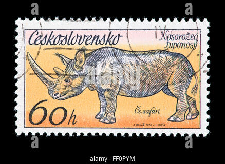 Timbre-poste de la Tchécoslovaquie représentant un rhinocéros Banque D'Images