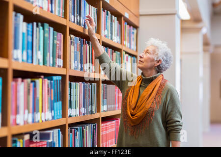 Plus mixed race woman choosing book in library Banque D'Images