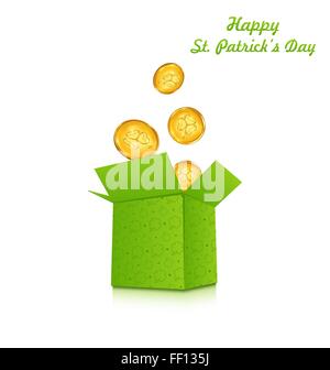 Ouvrir boîte en carton avec des pièces d'or pour le jour de la Saint Patrick Illustration de Vecteur