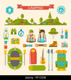 Ensemble de matériel de randonnée et camping Illustration de Vecteur