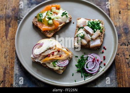 Sandwiches scandinaves avec maquereau fumé, de harengs et de saumons Banque D'Images
