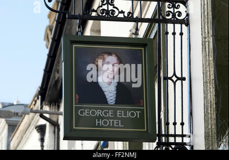 George Eliot Hotel sign, Nuneaton, Warwickshire, UK Banque D'Images