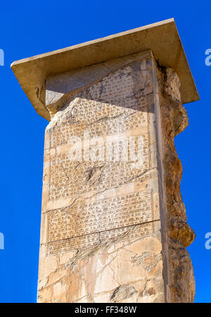 Ancient script sur une colonne à Persepolis, Iran Banque D'Images