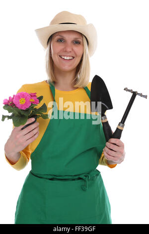 Gardner jardinier jeune femme avec le jardinage de fleur d'occupation jardin isolé sur fond blanc Banque D'Images