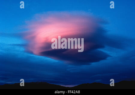 Une jolie rose en formation de cumulus dérive au coucher du soleil dans un ciel bleu au-dessus d'une chaîne de montagnes qui se découpent dans le nord de la Californie, USA. Banque D'Images