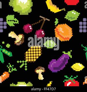 Rétro jeu pixel vectoriel continu motif fruits Illustration de Vecteur