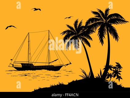 Paysage de mer avec des palmiers et des silhouettes de navires Illustration de Vecteur