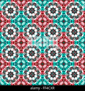 Art numérique abstrait géométrique de luxe de style baroque ou islamique motif de vérification transparente ornée de contraste élevé dans des tons rouge et cyan Banque D'Images
