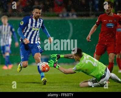 Heidenheim an der Brenz, Allemagne. 10 Février, 2016. L'Heidenheim gardien Kevin Mueller (R) et Berlin's Vedad Ibisevic en action au cours de la DFB football match quart de finale 1er FC Heidenheim vs Hertha BSC à Heidenheim an der Brenz, Allemagne, 10 février 2016. Photo : Daniel Maurer/dpa/Alamy Live News Banque D'Images