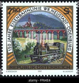 Transport / transport, chemin de fer, machine à vapeur, timbre-poste de la République d'Autriche commémorant le 150e anniversaire de l'ouverture de la ligne de chemin de fer de Wiener Neustadt à Sopron, dessin: A.Böcskör, M.Laurent, 1997, droits additionnels-Clearences-non disponible Banque D'Images
