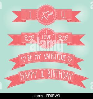 Ruban rose vecteur avec Valentines Day illustrations et éléments de typographie Illustration de Vecteur