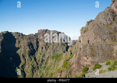 Deux femmes sur le chemin de randonnée de la montagne de Pico do Arieiro au mont Pico Ruivo dans les montagnes du centre de l'île de Madère Banque D'Images