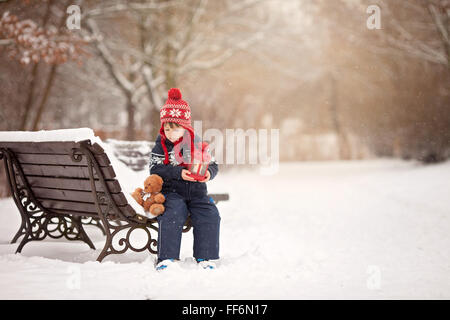 Adorable petit garçon caucasien avec ours et lanterne rouge, jouant dans le parc d'hiver, jour de neige Banque D'Images