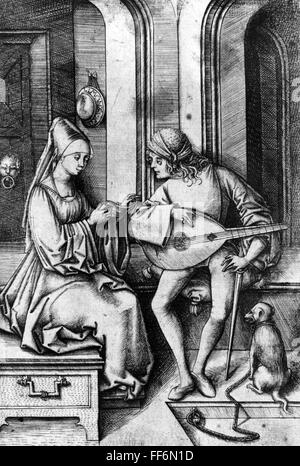 La musique, musicien, chanteur et luthiste au cours de musique de salon, gravure sur cuivre par Israhel van Meckenem, Bocholt, Westphalie, fin du 15e siècle, luth, luths, instrument de musique, instruments de musique, instrument à cordes, instrument à cordes, les instruments à cordes, instruments à cordes, cordophone, mode, vêtements, animaux, animal, chien, chiens, fixer, l'attache, laisse, laisse, laisse, Allemagne, Moyen-Âge, beaux-arts, l'art, style gothique, gothique, graphique, graphiques, les gens, en couple, des couples, singer, chanteurs, historique, historique, l'artiste n'a pas d'auteur pour être effacé Banque D'Images