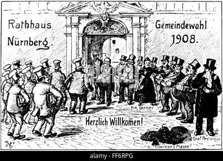 Politique, élections, caricature sur le Parti social-démocrate d'Allemagne pendant l'élection municipale de Nuremberg, 1908, droits additionnels-Clearences-non disponible Banque D'Images