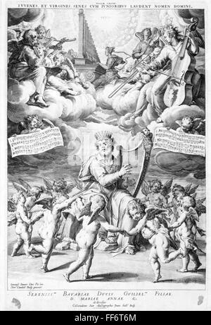 Musique, allégories, orchestre céleste et roi Salomon avec la harpe, gravure en cuivre de Peter Candid, consacrée au duc William V de Bavière (régné 1579 - 1597), musicien, musiciens, paradis, paradis, paradis, ciel, Dieu, dieux, divinité, divinité, divinités, nuages, nuage, ange, anges, putt, notes, note, feuille de musique, partitions, Allemagne, Allemagne, XVIe siècle, gens, homme, hommes, allégories, allégorie, orchestre, orchestres, harpe, harpes, consacrer, consacrer, historique, historique, droits additionnels-Clearences-non disponible Banque D'Images