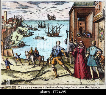 COLUMBUS : DÉPART, 1492. /Nl départ de Christophe Colomb de Palos, Espagne, le 3 août 1492 (la présence de Ferdinand et Isabelle est symbolique et n'a pas réelle). La gravure, ligne 1594, par Theodor de Bry. Banque D'Images