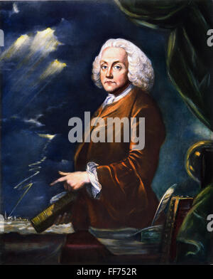 BENJAMIN FRANKLIN (1706-1790). /NAmerican imprimeur, éditeur, scientifique, inventeur, homme d'État et diplomate. Mezzotinte, 1761, d'après une peinture par Benjamin Wilson. Banque D'Images
