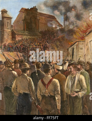 Grève de Homestead, 1892. /Nla Pinkerton hommes sortir les chalands après la cession. Ligne contemporaine la gravure. Banque D'Images