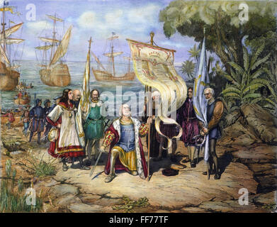 COLUMBUS : SAN SALVADOR. /Nla débarquement de Colomb à San Salvador (Guanahani) Aux Bahamas, 12 Octobre 1492 : American lithographie, 1893. Banque D'Images