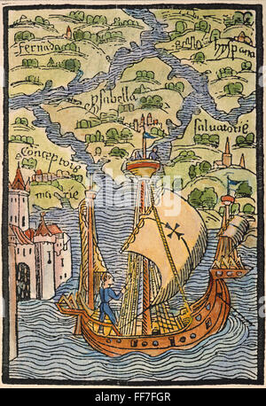 COLUMBUS : West Indies, 1492. /Nla Isles Antilles découverte par Christophe Colomb. Gravure sur bois en couleur à partir de l'édition illustrée de la Columbus lettre à Sanchez, 1493. Banque D'Images