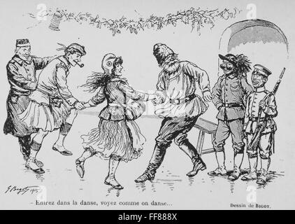 Caricature de Georges Ferdinand Bigot (1860-1927). Invitation à la danse. La Russie, la France, la Grande Bretagne se bat dans la PREMIÈRE GUERRE MONDIALE. Ils invitent le Japon et l'Italie de se joindre à vous. 1915. Banque D'Images