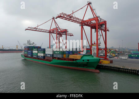 Navire porte-conteneurs en cours de chargement au port de Dublin, Irlande. Banque D'Images